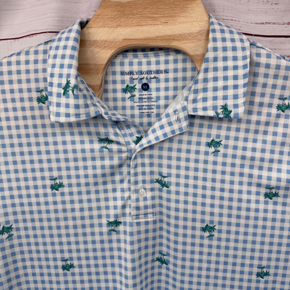 Simply Southern Golf Polo Shirt Mens XL Gingham‎ Palm Tree Print Short Sleeve